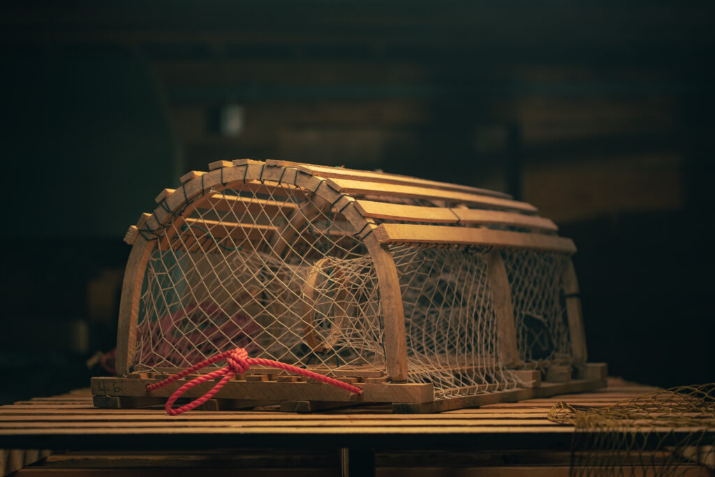 Traditional round wooden lobster trap with netting and curved frame