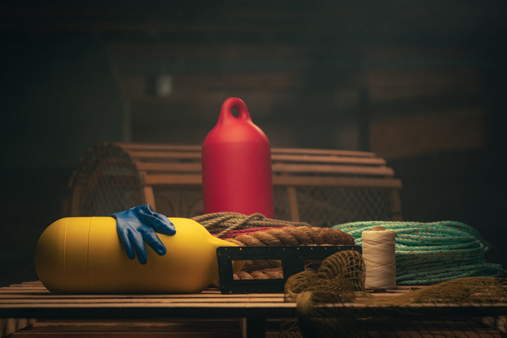 Marine gear including rope, gloves, buoy, and fishing equipment for coastal fishing